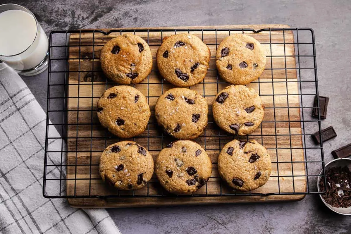 protein chocolate chip cookies on wire rack